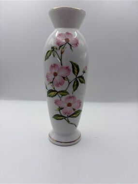 Vintage Retired Lefton Dogwood Flowers Bud Vase Gold trim Japan Red Foil Sticker